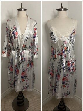 DEBENHAMS THE COLLECTION White Floral Satin Chemise & Robe Set SIZE 16-18 FLAW